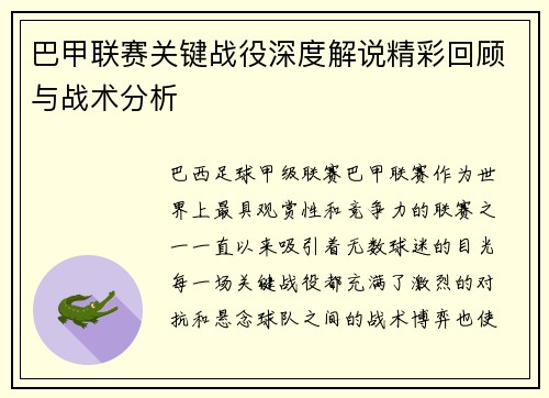 巴甲联赛关键战役深度解说精彩回顾与战术分析
